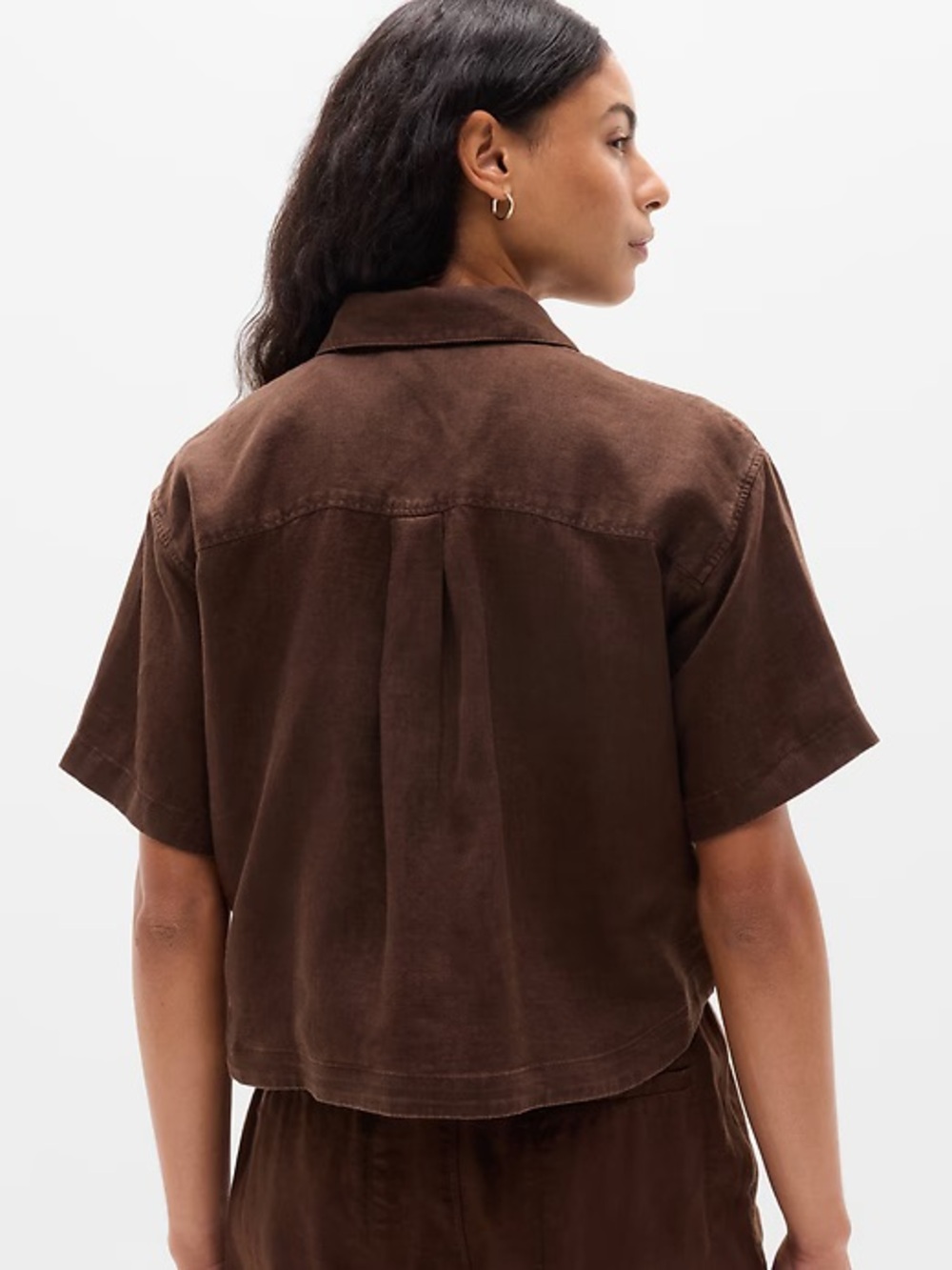 Athleta Retreat Linen Short Sleeve Shirt Boxy Fit Woodland Brown 100% Linen XS - Picture 5 of 7